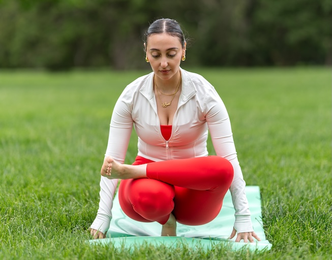Sarah in a meditative pose
